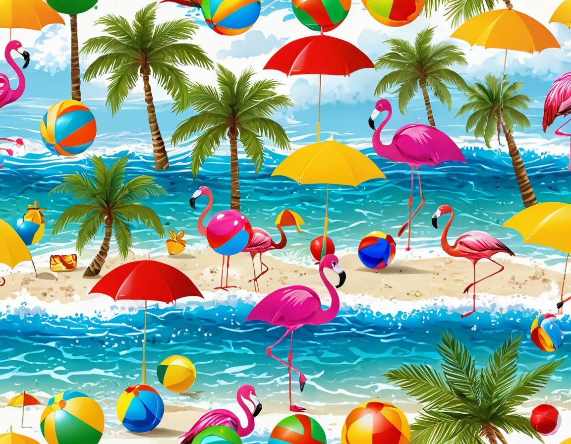 A vibrant beach scene featuring colorful beachwear on sunbathing animals, like a flamingo in sunglasses and a turtle wearing beach shorts, surrounded by shimmering waves and palm trees. Include playful beach accessories like beach balls and umbrellas, while splashes of water create a fun atmosphere. The bright sun casts sparkling reflections on the surface of the water. super-realistic. vibrant colors. white background.