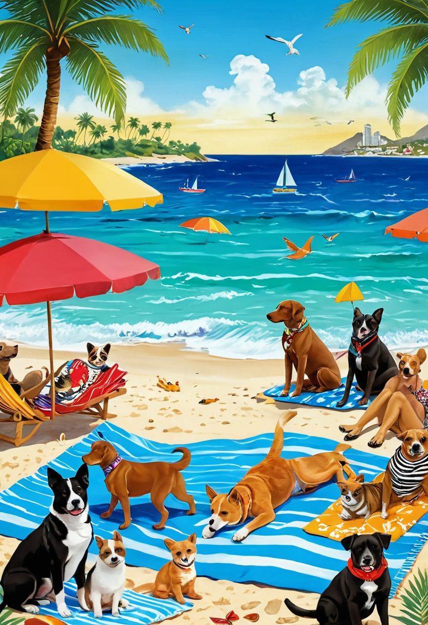 A vibrant beach scene showcasing a diverse group of animal lovers dressed in stylish, beach-ready outfits featuring playful animal motifs. Include various pets like dogs, cats, and tropical birds lounging on beach towels and basking in the sun. The backdrop should have palm trees, colorful beach umbrellas, and an inviting ocean. Emphasize a joyful, carefree ambiance with a mix of animals and humans bonding together. bright colors. super-realistic. cheerful atmosphere.