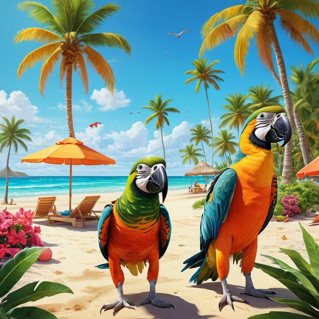A colorful beach scene featuring playful tropical animals like parrots, turtles, and dolphins wearing vibrant beach attire. Bayside palm trees sway in the background while beachgoers enjoy the sun, sporting fun animal-themed outfits. Bright, cheerful colors dominate the scene, creating a joyful atmosphere. super-realistic. vibrant colors. cartoonish elements.